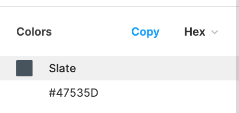 Color name and hex code within Figma's inspect panel