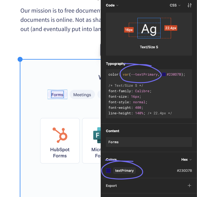 The CSS custom property and selection colors highlighted in the Figma Dev mode UI